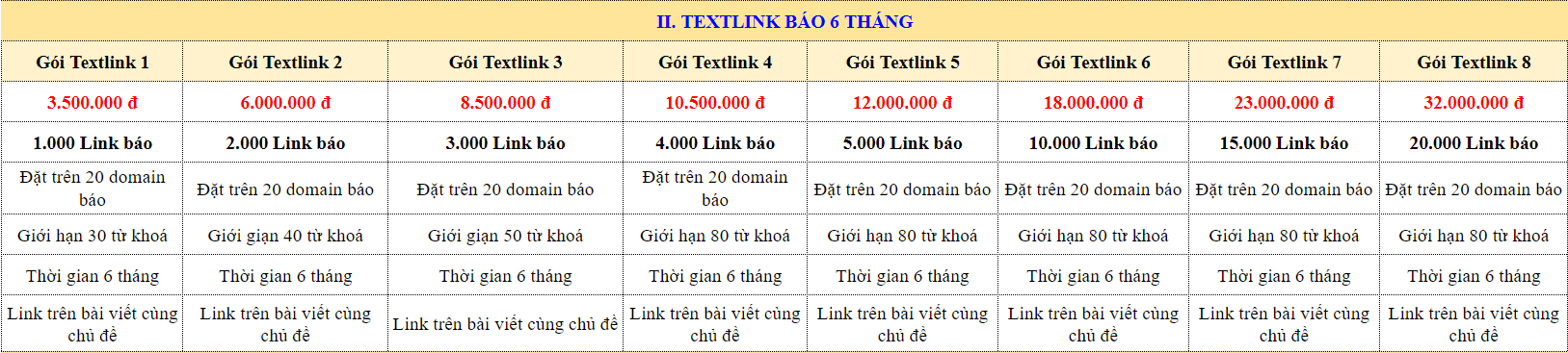 Bảng giá texlink báo bài viết 6 tháng tại SEOVIP